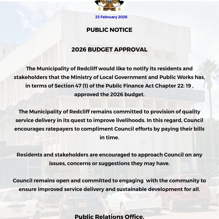 The Municipality of Redcliff 2026 budget by the Ministry of Local Government and Public Works in terms of Section 47 (1) of the Public Finance Act Chapter 22:19